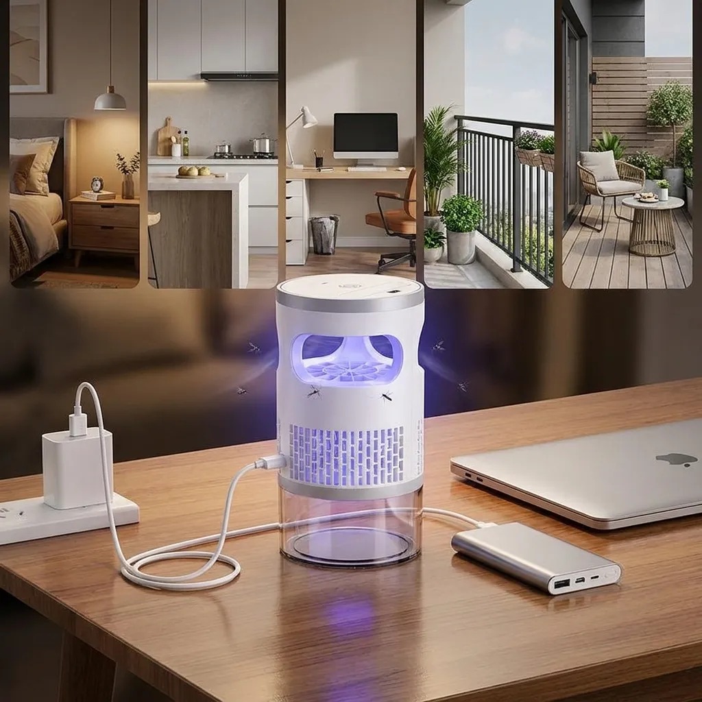Lâmpada anti-mosquitos ligada por USB a carregador, power bank e portátil