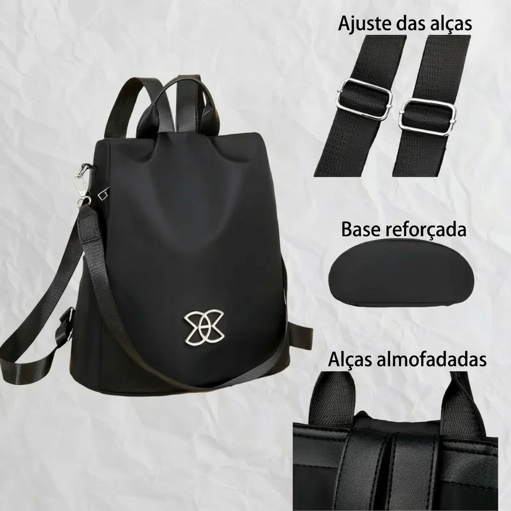 Detalhes da mochila: ajuste das alças, base reforçada e alças almofadadas
