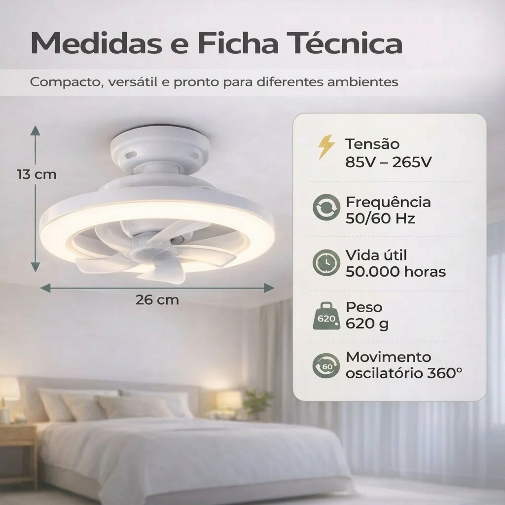 Medidas e ficha técnica: 26 cm de diâmetro, 13 cm de altura, 85-265V, 50/60 Hz