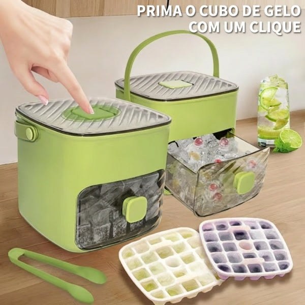 Forma de Cubos de Gelo com Botão, Tampa e Balde de Arrumação