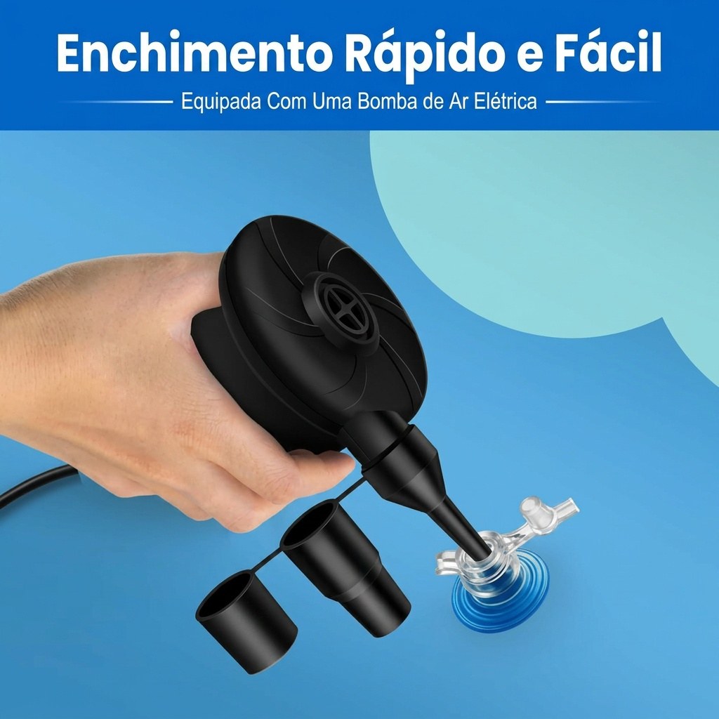 Inclui bomba de ar elétrica — enche depressa e sem esforço.