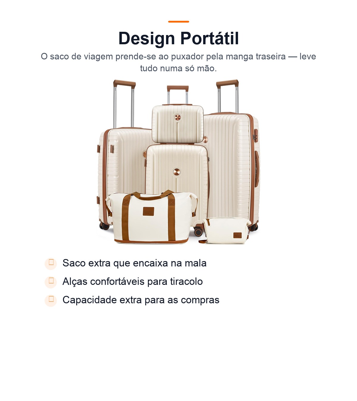 O saco de viagem encaixa no puxador da mala pela manga traseira — design portátil.