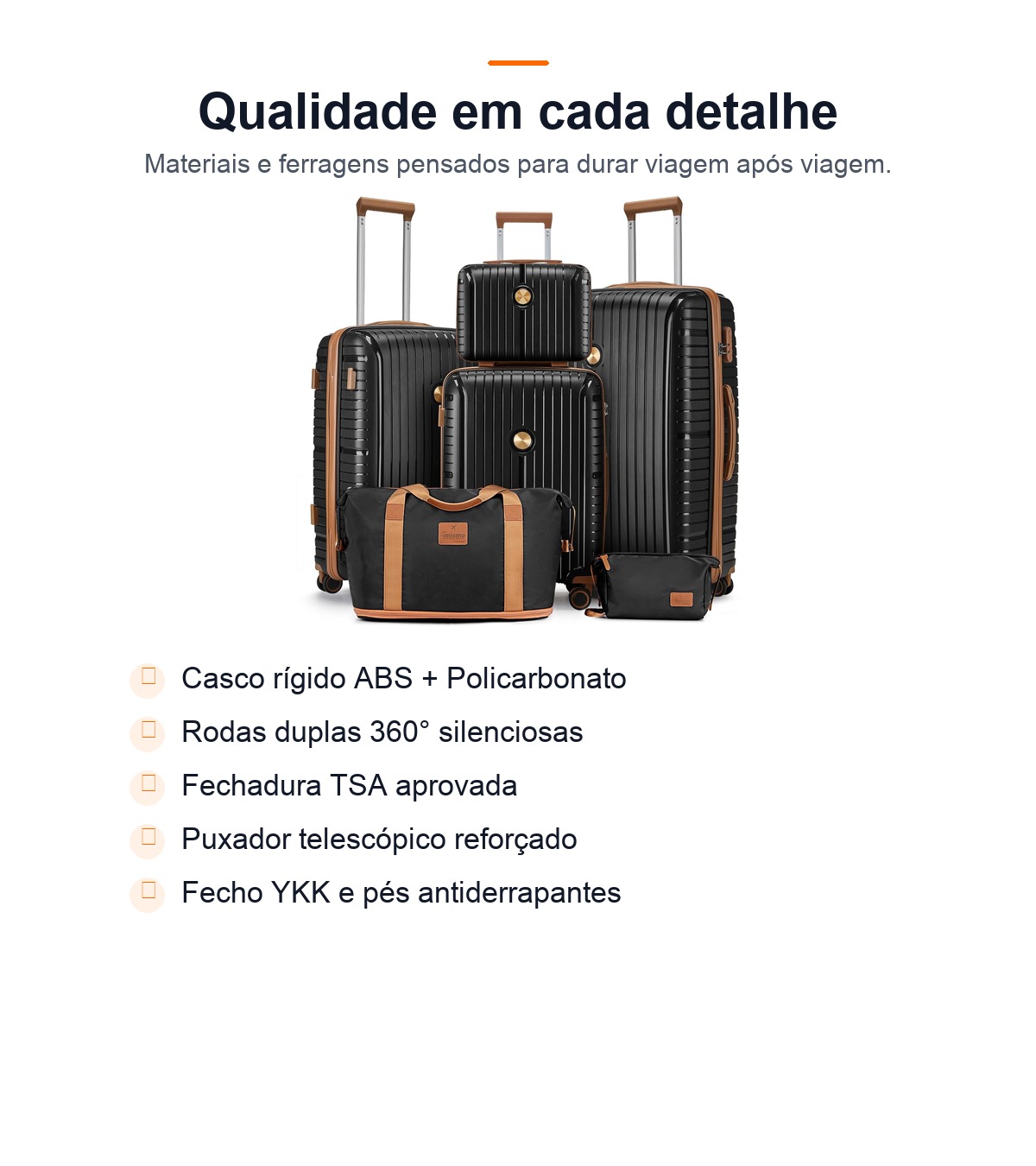 Qualidade em cada detalhe: material PP, puxador reforçado, pés antiderrapantes e fecho YKK.